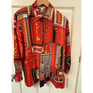 Stunt Petite Vintage 100% Silk Red Baroque Scarf Print Button Down Blouse PL